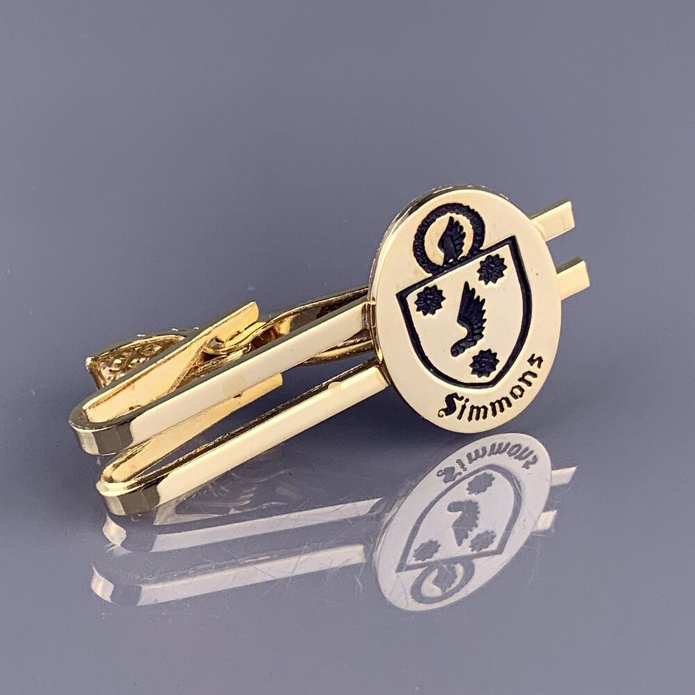 Simmons Family Crest Tie Clip Gold Tone Wing Rose Shield Heraldic Vintage